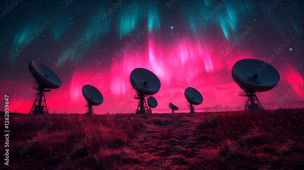 Naklejka premium Radio Telescopes Under Aurora Borealis