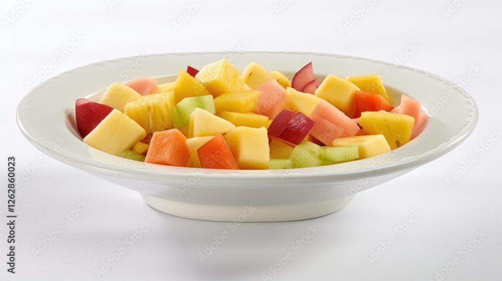 Fresh Tropical Fruit Salad in a White Bowl with Diced Pineapple, Melon, and Colorful Vegetables Fresh Tropical Fruit Salad in a White Bowl with Diced Pineapple, Melon, and Colorful Vegetables