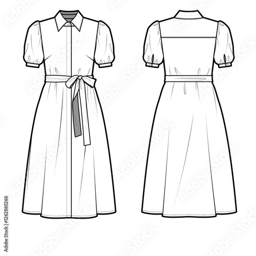 Technical flat sketch of Puff sleeve midi dress. Collared shirt dress with waist self tie and short sleeves. Button down placket. Vector mock up Template. 