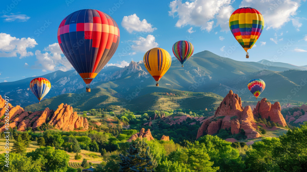 Fototapeta premium Colorful hot air balloons flying over mountain