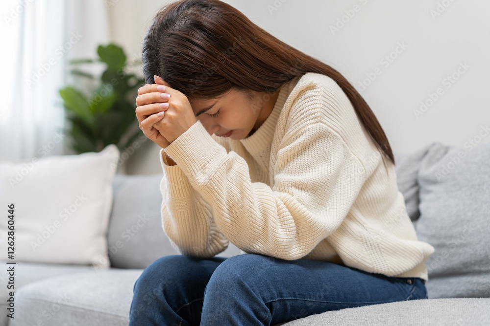 Sad, unhappy. Alone asian young woman, girl hand cover face thinking about problem, difficulty, feeling failure and exhausted, suffering from loneliness, grief sorrow and bad relationship or break up. Sad, unhappy. Alone asian young woman, girl hand cover face thinking about problem, difficulty, feeling failure and exhausted, suffering from loneliness, grief sorrow and bad relationship or break up.