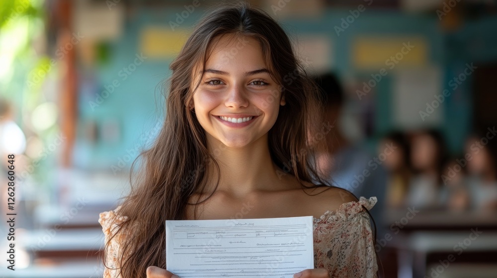 Happy student girl holding exam results in classroom. Happy student girl holding exam results in classroom.