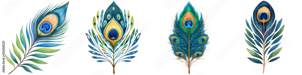 Obraz premium Manifest creation and watercolor, A vibrant display of peacock feathers showcasing intricate patterns and vivid colors, highlighting their natural beauty and elegance.