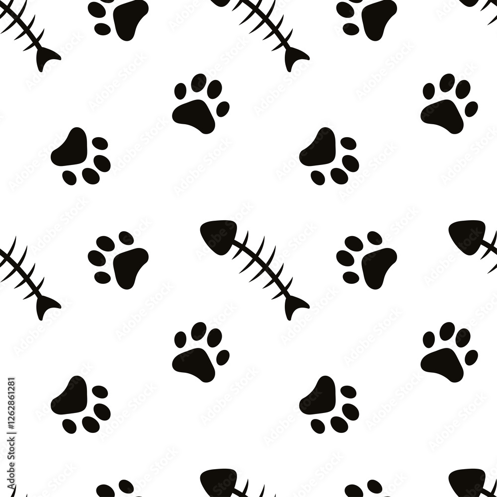 Fototapeta premium Cat footprint Seamless pattern. Cat paw print seamless pattern. Cat footprint and fish endless pattern. Cat print trail repeating pattern