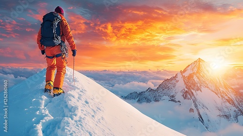 Wallpaper Mural Conquering the Summit: A lone mountaineer stands triumphant on a snow-capped peak, silhouetted against a breathtaking sunset, a testament to perseverance and the beauty of reaching new heights. Torontodigital.ca
