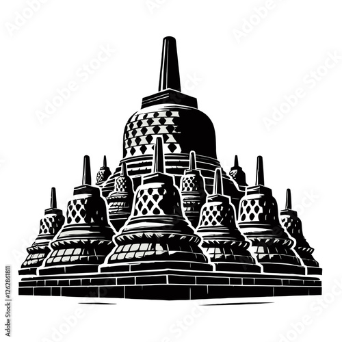 Borobudur An impressive multi-tiered stone structure adorned with intricate reliefs, overlooking a breathtaking mountain panorama under the glow of a radiant morning sky
