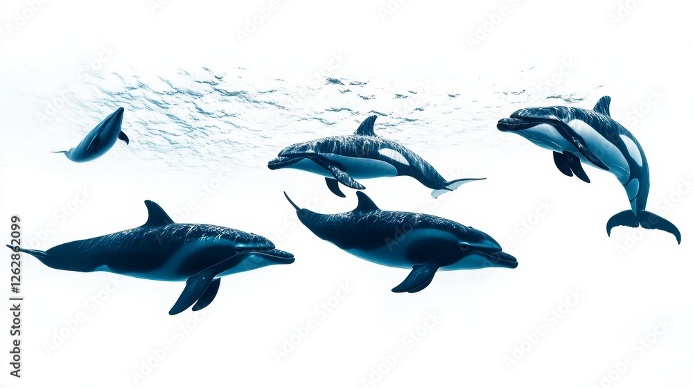 Fototapeta premium Big whales aquatic mammal cretures isolated on white background. Dolphin swimming illustration, whales marine design. Wild nature aquatic animals. 