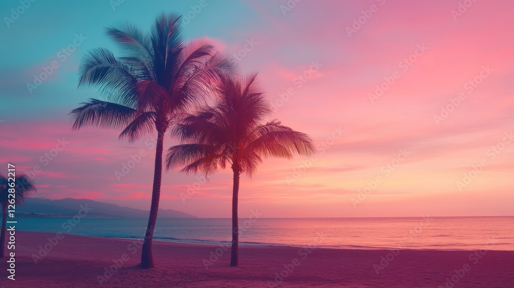A tropical beach at sunset with palm trees and a colorful sky.