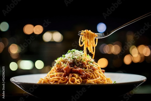 Spaghetti Bolognese on a Fork, Night Cityscape Background, Restaurant Scene photo