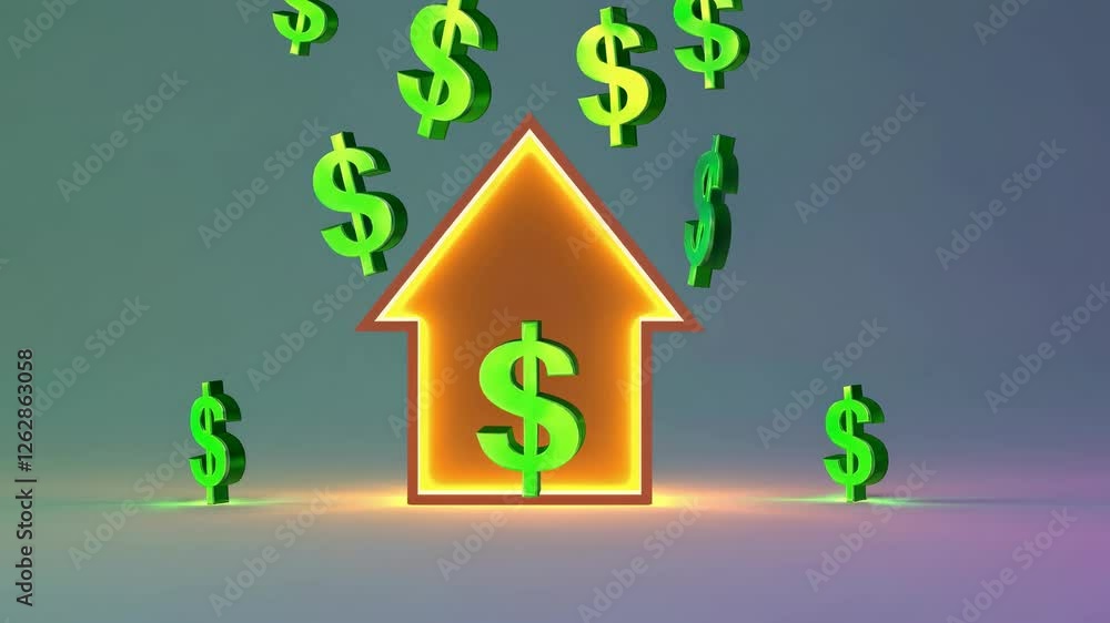 3D rendering of a glowing house with floating dollar signs, viewed from a low angle. The video concept symbolizes financial growth and investment. 3D rendering of a glowing house with floating dollar signs, viewed from a low angle. The video concept symbolizes financial growth and investment.