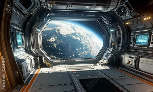 A Futuristic Space Station Interior Showcasing a Stunning Window View of Earth