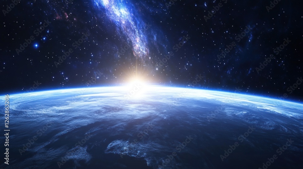 A breathtaking view of Earth from space, showcasing the curvature and sunrise over the horizon. A breathtaking view of Earth from space, showcasing the curvature and sunrise over the horizon.