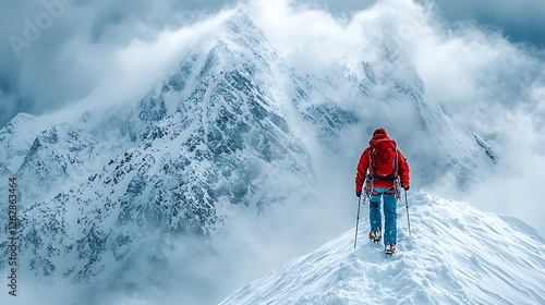Wallpaper Mural Conquering the Summit: A lone hiker strides forward, his red jacket a vibrant contrast against the stark, snowy landscape, as he summits a towering mountain peak enveloped in swirling clouds.   Torontodigital.ca