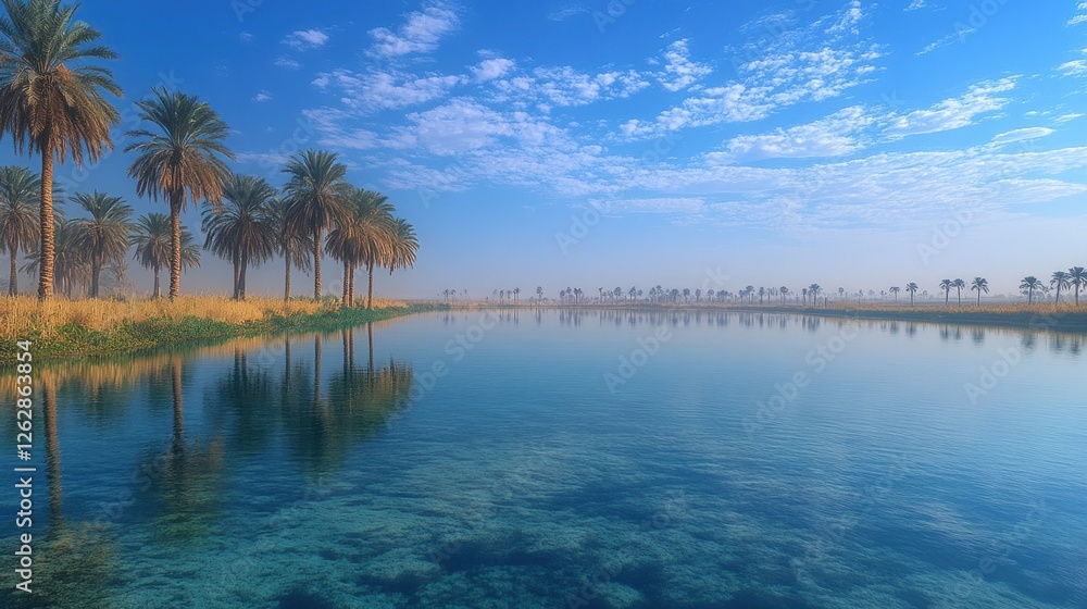 Serene oasis with palm trees reflected in calm, clear water under a vibrant blue sky. Serene oasis with palm trees reflected in calm, clear water under a vibrant blue sky.