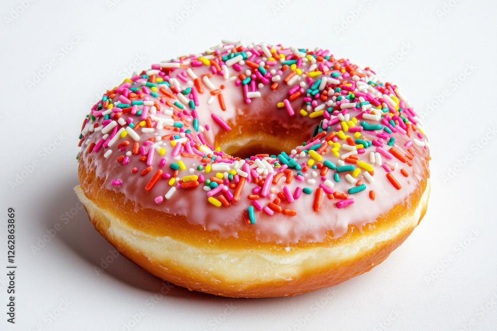 Delicious pink frosted donut topped with colorful sprinkles on a white background. isolated on white background. Delicious pink frosted donut topped with colorful sprinkles on a white background. isolated on white background.