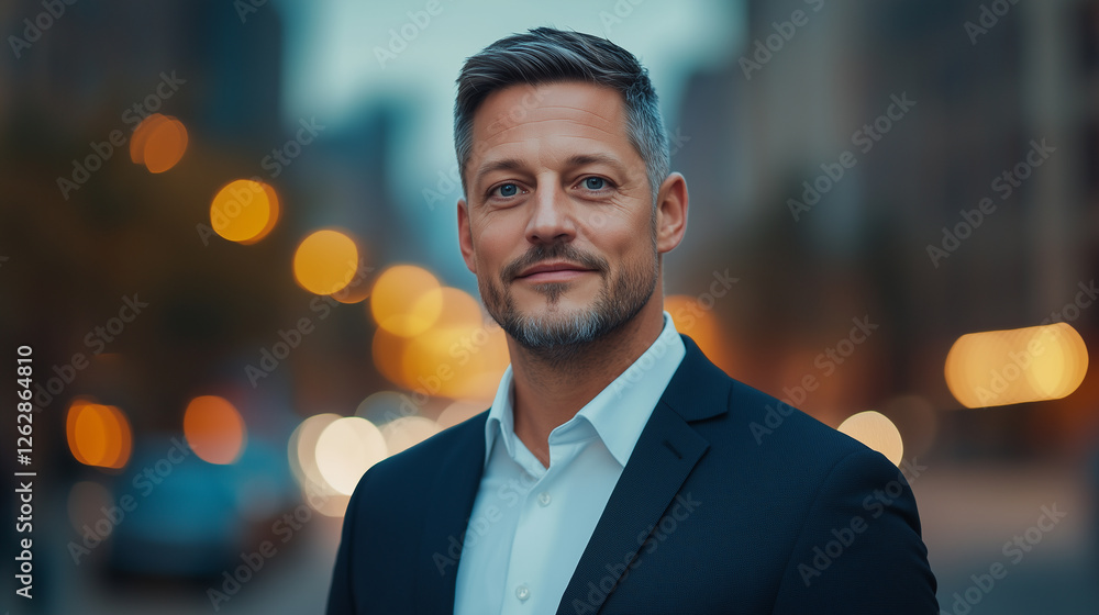 confident man in suit stands in urban setting with blurred lights. confident man in suit stands in urban setting with blurred lights.
