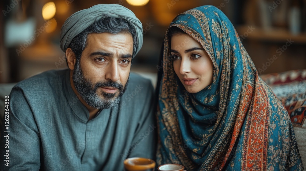 Middle-aged couple in traditional Middle Eastern attire sitting close together, looking at something in front of them. Middle-aged couple in traditional Middle Eastern attire sitting close together, looking at something in front of them.