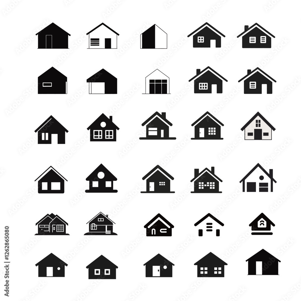 Fototapeta premium Black and white icon of a real estate house, featuring a simple yet striking design that captures the essence of a home. Ideal for real estate, property-related projects, or any design