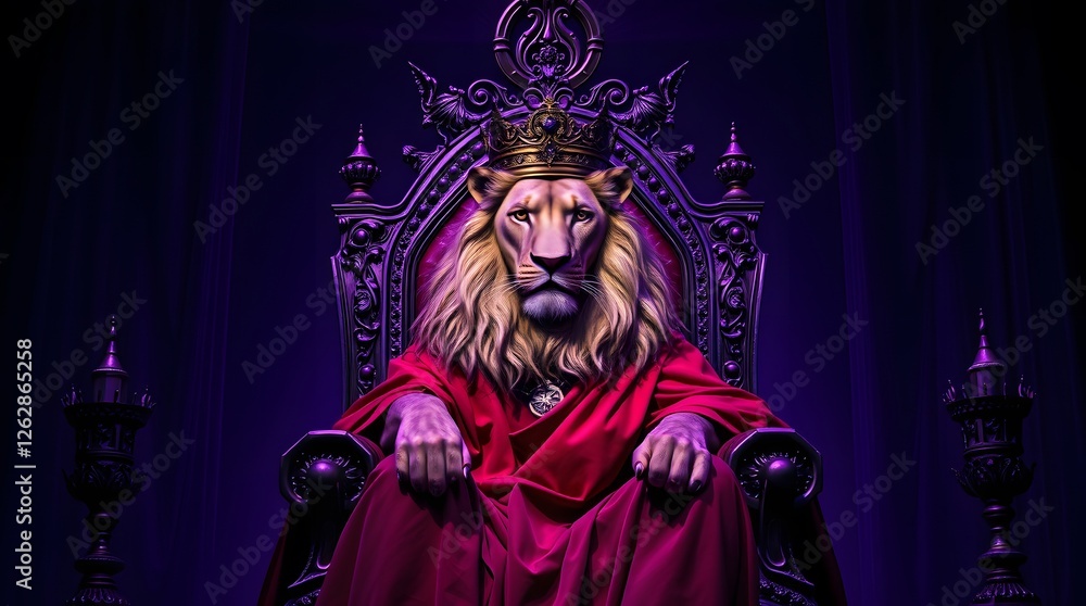 Fototapeta premium Lion King Sitting on Throne Wearing Crown and Red Cape