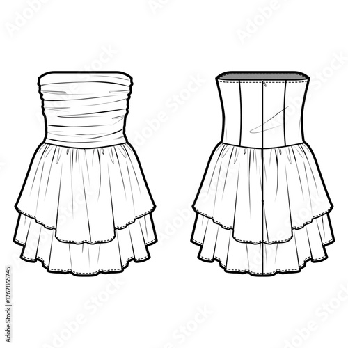 Technical flat sketch of Tube mini dress. Ruched body one-piece with layered ruffle skirt. Vector mock up Template. 