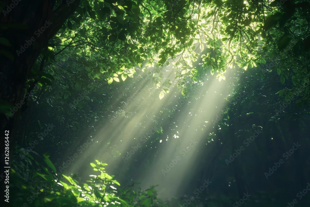 Sunlight streams through dense forest canopy. Possible use Stock photo for nature, environment, or tranquility Sunlight streams through dense forest canopy. Possible use Stock photo for nature, environment, or tranquility
