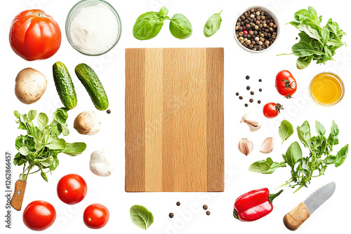A wooden cutting board with a variety of vegetables and herbs on it. ,on transparent background.