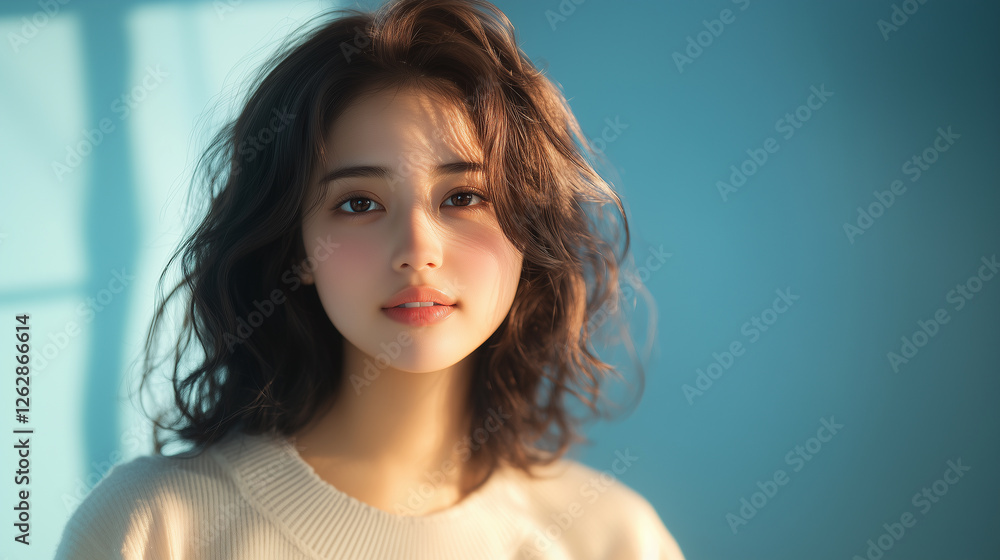 Fototapeta premium young woman with wavy hair, soft expression, and natural light against blue background.