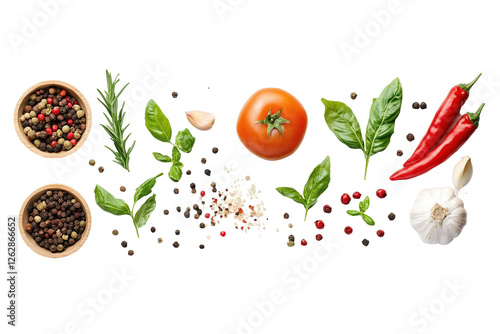 A variety of spices and herbs are scattered across . ,on transparent background.