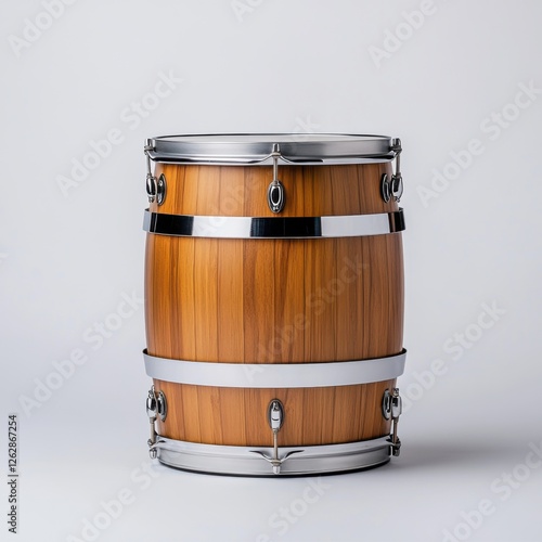 Wooden Drum with Metallic Fixtures Isolated on Light Background for Music, Rhythm, and Instrument Themes photo