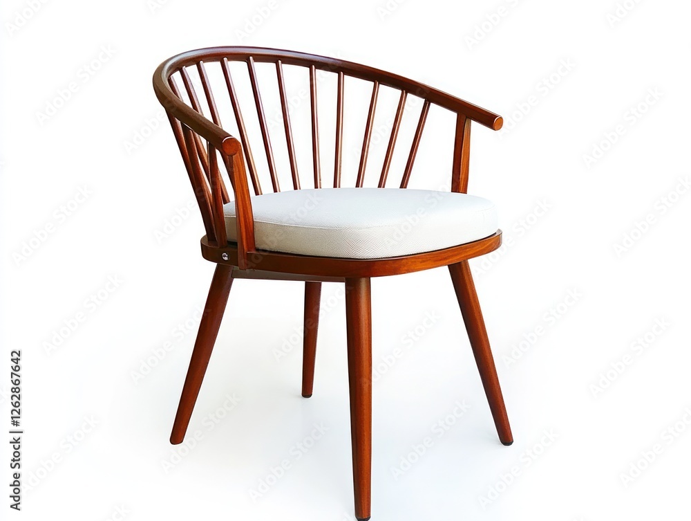 Elegant wooden chair with a minimalist design, featuring a round backrest and soft cushion, set against a clean white background Elegant wooden chair with a minimalist design, featuring a round backrest and soft cushion, set against a clean white background