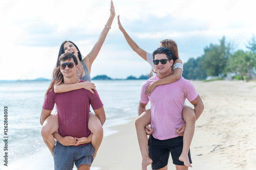 Young woman and man group friends run and enjoy at the beach - summer vacation on sea beach concept