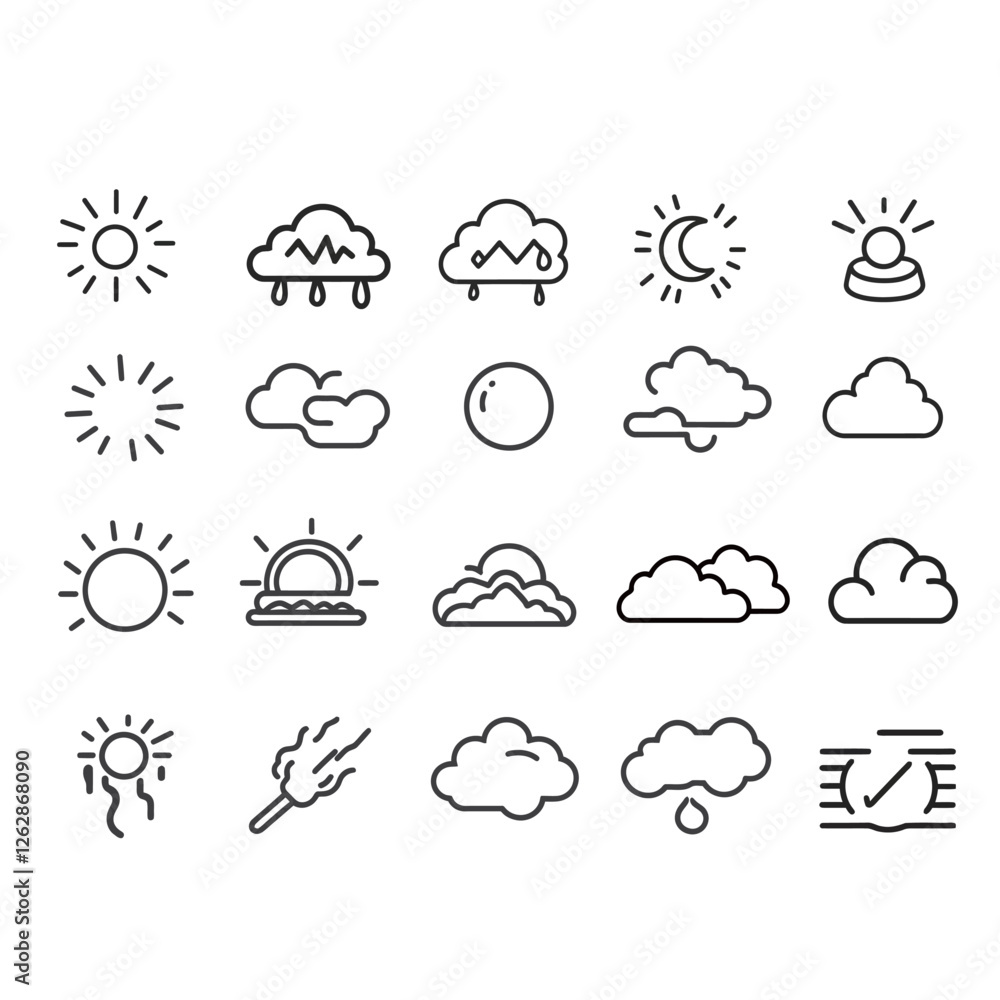 Vector Illustration of Weather Icons in a Clean and Simple Style, Representing Various Weather Conditions Vector Illustration of Weather Icons in a Clean and Simple Style, Representing Various Weather Conditions
