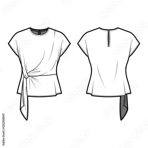 echnical flat sketch of Waist knotted blouse. Waist self tie occasion career top with tuck and gathered details. Vector mock up Template. 