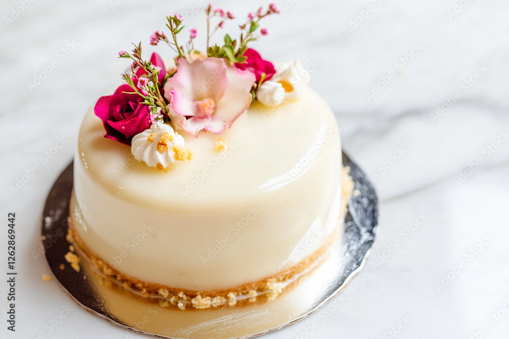 Delicate cake showcases glossy glaze. Generative AI Delicate cake showcases glossy glaze. Generative AI