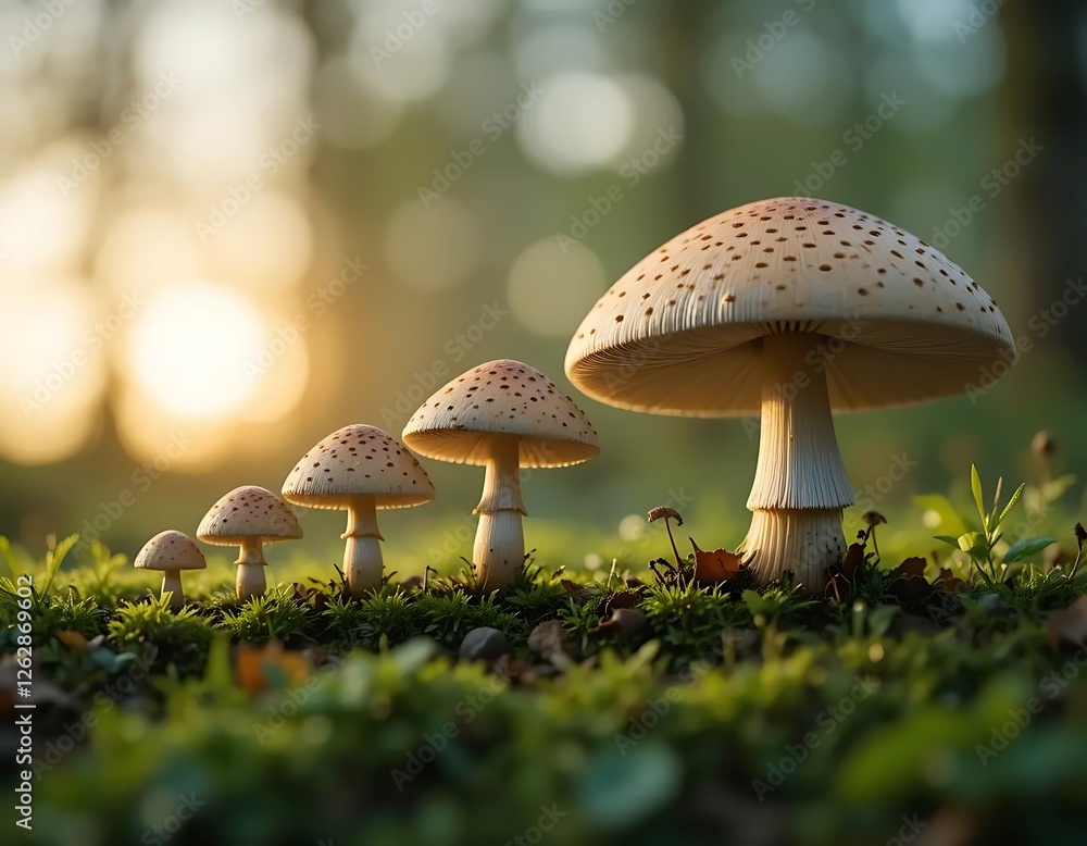 mushrooms in a row, growing from small to large, in a forest setting with soft lighting. Depicts growth, development, and life cycle. Ideal for nature, biology, or fantasy themes. mushrooms in a row, growing from small to large, in a forest setting with soft lighting. Depicts growth, development, and life cycle. Ideal for nature, biology, or fantasy themes.