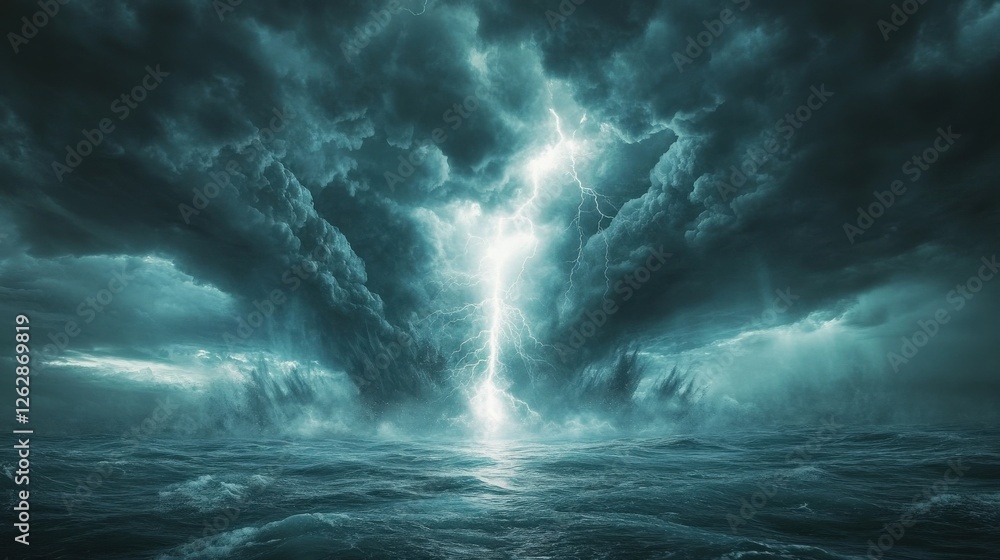 Dramatic stormy sea with lightning illuminating dark clouds and turbulent waters Dramatic stormy sea with lightning illuminating dark clouds and turbulent waters