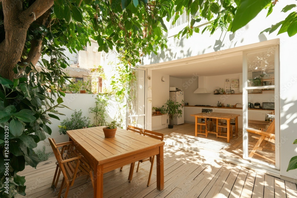 Fototapeta premium Modern Courtyard Kitchen, Sunlight, Dining Area, Home Design, Relaxing