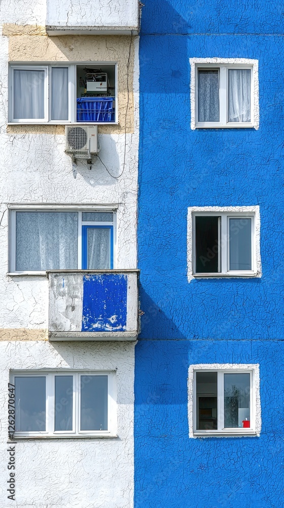 Fototapeta premium Apartment building facade, contrasting colors, balconies, urban scene, architectural photography
