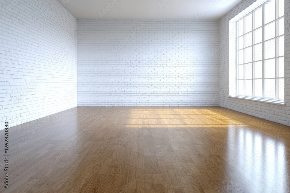 Fototapeta premium Bright, empty room with wooden floor and large window illuminating white brick walls.