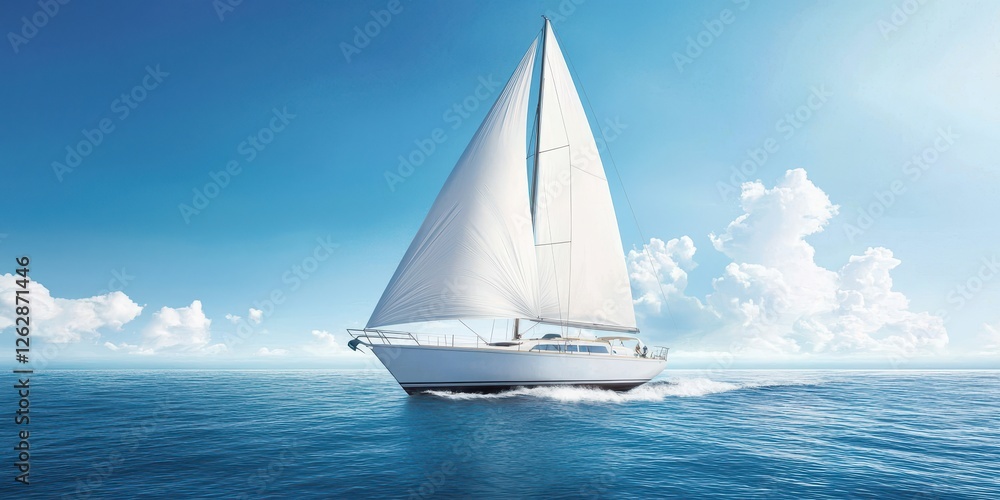 Fototapeta premium Sailboat gliding across the ocean under a bright blue sky with fluffy clouds.