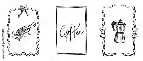 Coffee beans and gas espresso coffee maker in ribbon frames drawing in black brush stroke texture isolated on white. Hand drawn vector sketch illustration in vintage charcoal ink. Poster design