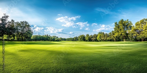 Fototapeta Naklejka Na Ścianę i Meble -  Lush green field under a bright blue sky with scattered clouds and trees lining the horizon.
