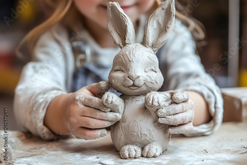 Child sculpting a clay rabbit figurine, engaging in arts and crafts photo