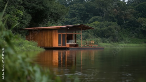 Wooden Cabin On Tranquil Lake In Lush Forest With Outdoor Space and Reflections, Nature Retreat and photo