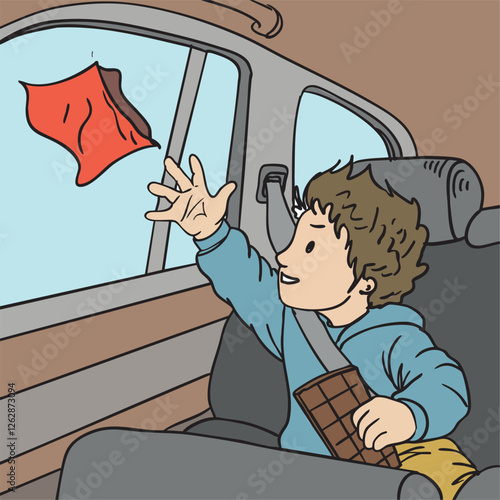 Child Littering from a Car Window While Eating Chocolate - Environmental Awareness Illustration