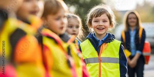 Fototapeta Naklejka Na Ścianę i Meble -  Group of preschoolers wearing yellow reflective vests to improve visibility walking along the city street with a teacher. Kindergarten learning traffic safety rules.