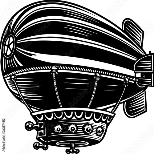 Retro Airship Floating on white background, sketch engraving illustration. Scratch board imitation. Black and white image.