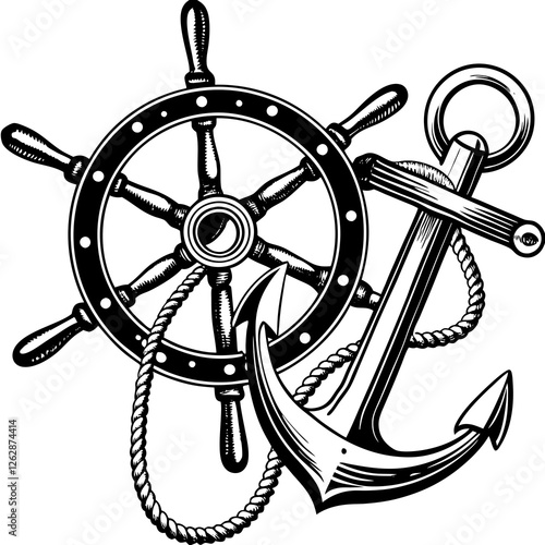 Antique Ship’s Wheel and Anchor on white background, sketch engraving illustration. Scratch board imitation. Black and white image.