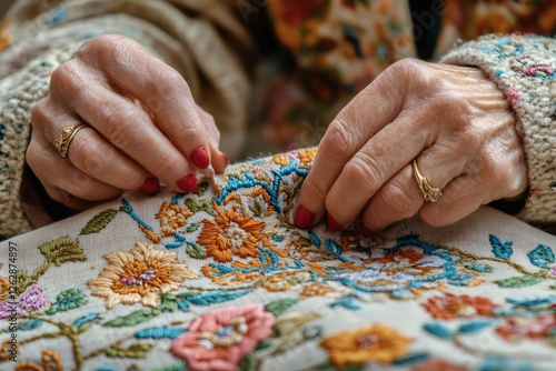 Elderly woman embroidering colorful floral design on fabric