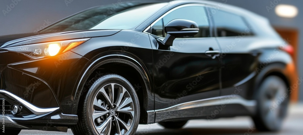 Side View of New Modern Black Car with Metallic Bumper Parked on Street, Automobile Transportation